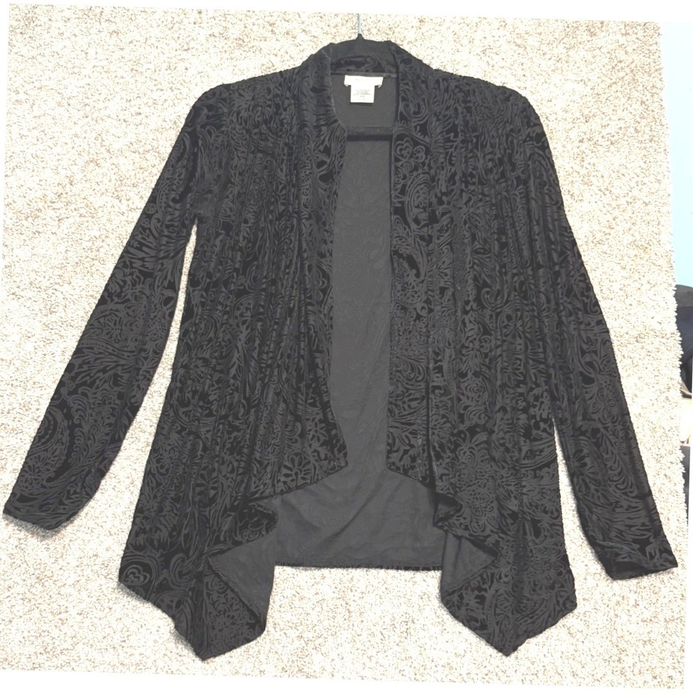 Velvet Burnout Cardigan Open Front Petite Women Kate Hill Size PS Black Paisley